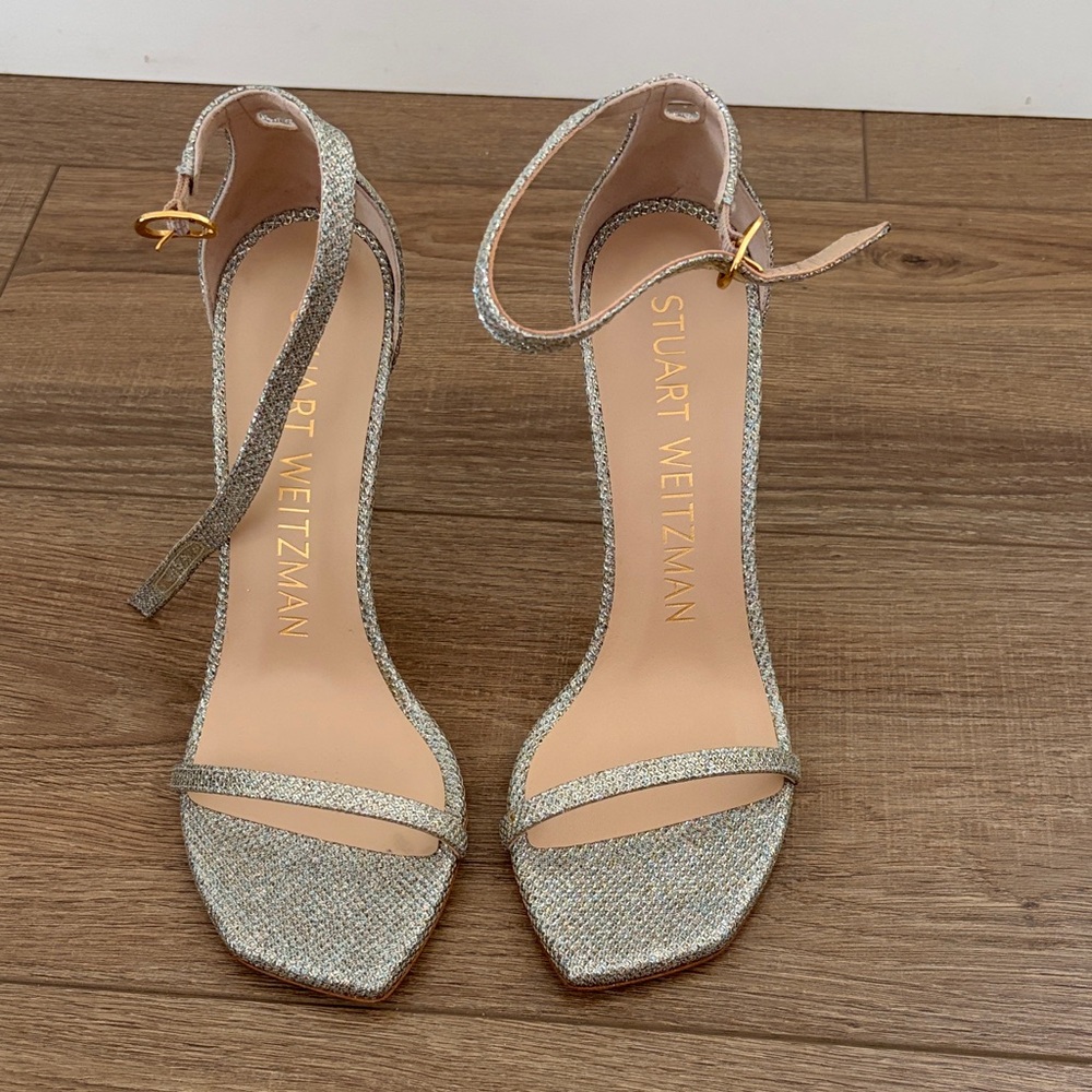 Stuart Weitzman Sparkle Silver Ankle-Strap Heels